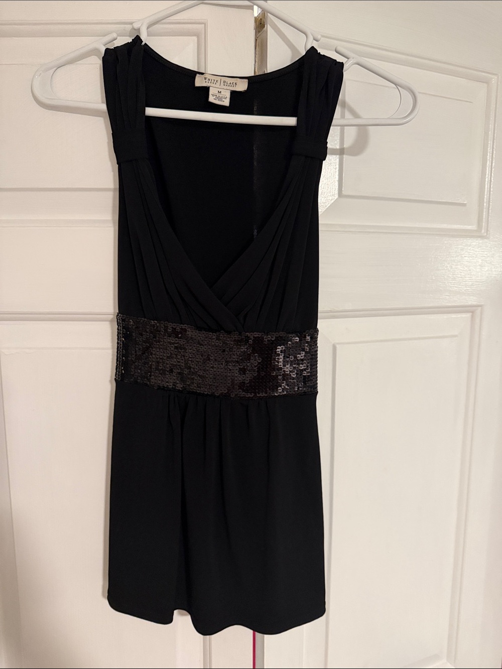 White House Black Market Black Sleeveless V-Neck Dress with Sequin Waist